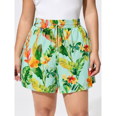 Bloomchic Tropical Breeze Print Elastic Waist Shorts In Green