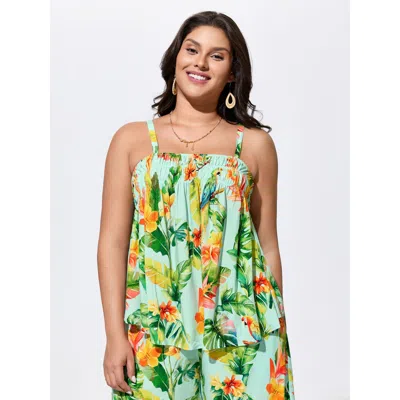 Bloomchic Tropical Breeze Print Shirred Neckline Tank Top In Multi