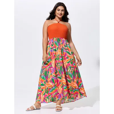 Bloomchic Tropical Floral Print Halter Neck Shirred Midi Dress In Orange