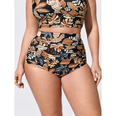 Bloomchic Tropical Floral Print High Waisted Tummy-control Bikini Bottoms In Orange