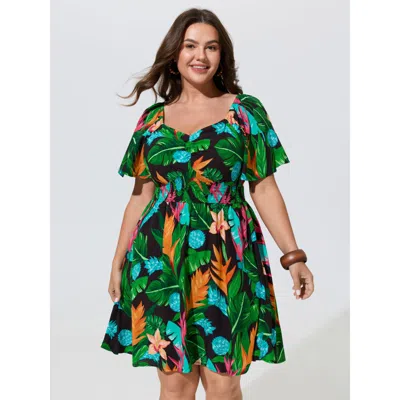 Bloomchic Tropical Floral Print Shirred Waist Mini Dress In Blackflower