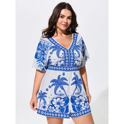 Bloomchic Tropical Floral Print Shirred Waist Romper In Blue
