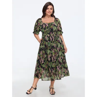Bloomchic Tropical Floral Print Square Neck Tiered Midi Dress In Green