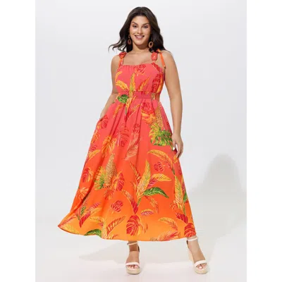 Bloomchic Tropical Leaf Print Shirred Tie Shoulder Maxi Dress In Multicolor