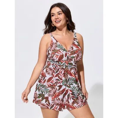 Bloomchic Tropical Palm Leaf Print Metal Buckle Detail One-piece Swimsuit In Originalwhite
