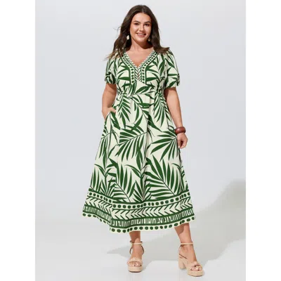 Bloomchic Tropical Palm Print V Neck Midi Dress In Green