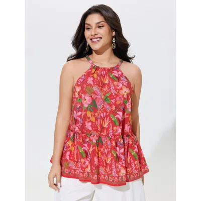Bloomchic Tropical Parrot Floral Print Halter Neck Tank Top In Red