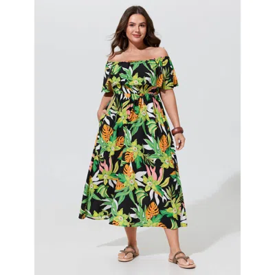 Bloomchic Tropical Print Cold-shoulder Maxi Dress In Blackflower