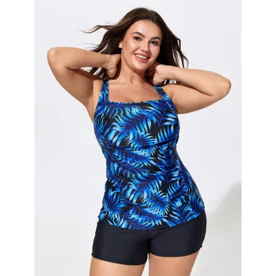 Bloomchic Tropical Print Double Strap Swim Top In Blue
