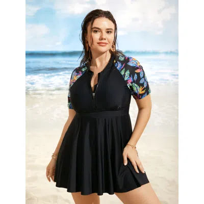 Bloomchic Tropical Print Half Zip Raglan Sleeve Swim Dress In Multi