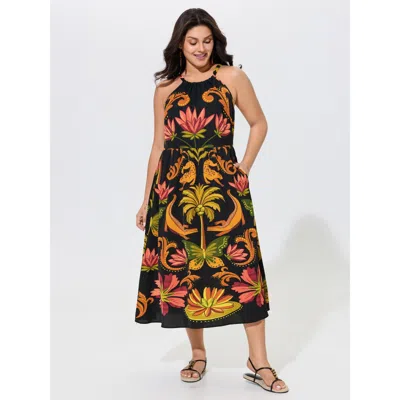 Bloomchic Tropical Print Halter Neck Midi Dress In Multi