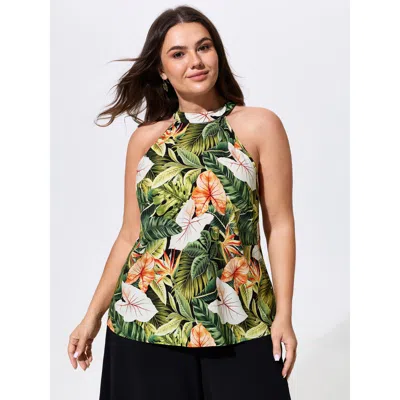 Bloomchic Tropical Print Halter Neckline Tank Top In Multi