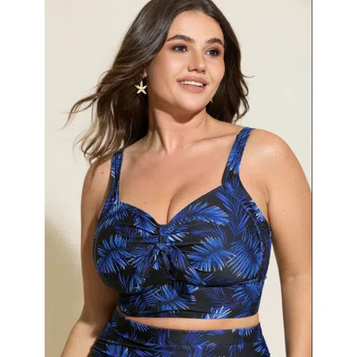 Bloomchic Tropical Print Knotted Front Swim Top In Blue
