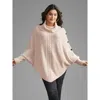Bloomchic Turtleneck Cable Knit Asymmetrical Hem Pullover In Black