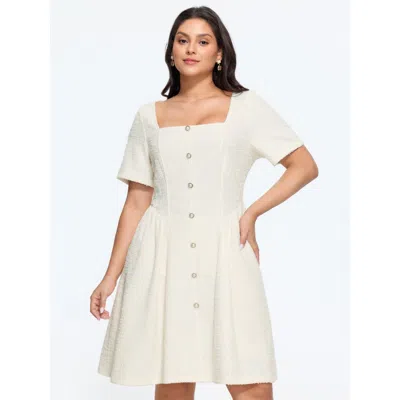 Bloomchic Tweed Square Neck Button Front Mini Dress In White