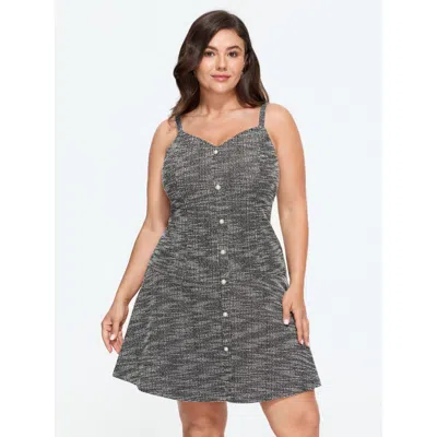 Bloomchic Tweed Sweetheart Neck Button Detail Mini Dress In Yellow