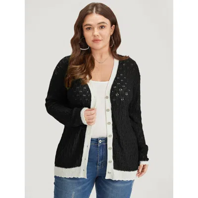 Bloomchic Two Tone Patchwork Cut Out Button Down Cardigan In Black