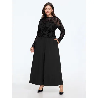 Bloomchic Two-piece Floral Flocked Lace Mesh Wide‑leg Jumpsuit In Black