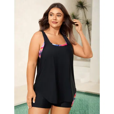 Bloomchic Two-piece Tropical Print Contrast Swim Top In Black