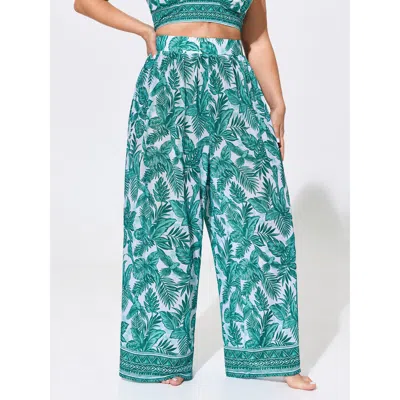 Bloomchic Two-piece Tropical Print Sheer Wide-leg Swim Bottoms In Blue