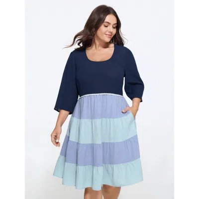 Bloomchic U Neck Color Block Tiered Mini Dress In Multicolor