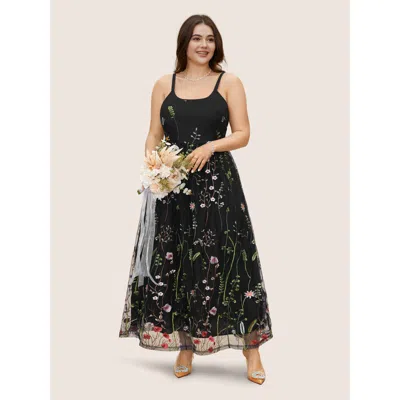 Bloomchic U Neck Floral Embroidered Mesh Cami Dress In Black