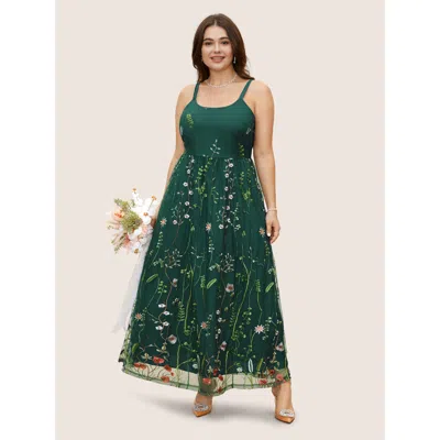 Bloomchic U Neck Floral Embroidered Mesh Cami Dress In Green