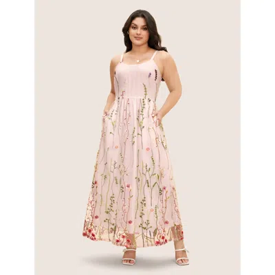 Bloomchic U Neck Floral Embroidered Mesh Cami Dress In Lightpink