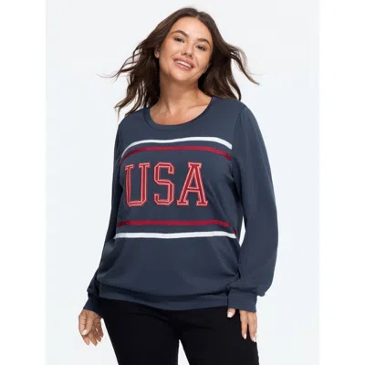 Bloomchic Usa Graphic Striped Round Neck Sweatshirt In Blue