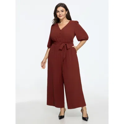 Bloomchic V Neck Bubble Sleeve Tie Waist Wide Leg Jumpsuit In Purple