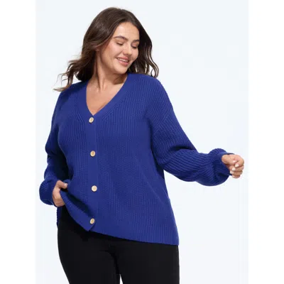 Bloomchic V Neck Button Down Cardigan In Navy