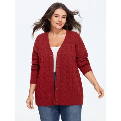 Bloomchic V Neck Button Front Cable Knit Cardigan In Burgundy