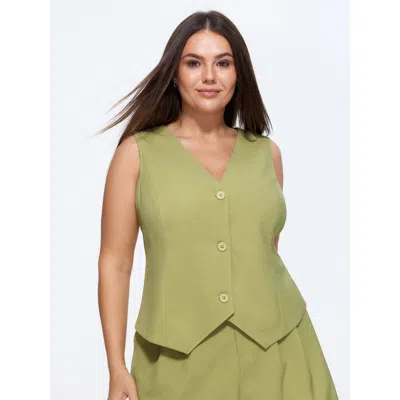 Bloomchic V Neck Buttons Fitted Waist Blazer Vest In Green