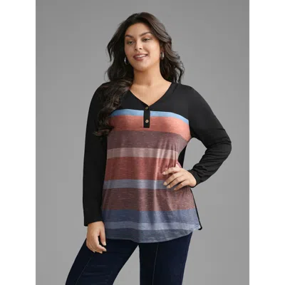 Bloomchic V Neck Colorblock Contrast Button Up T-shirt In Black