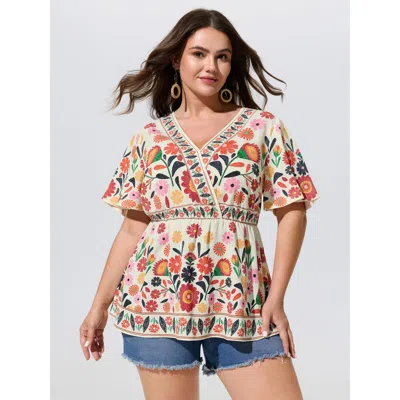 Bloomchic V Neck Colorful Floral Print Babydoll Blouse In Multi