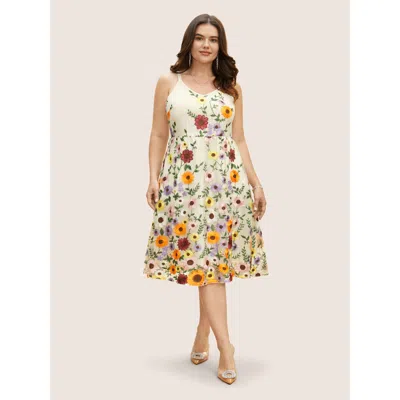 Bloomchic V Neck Floral Embroidered Mesh Cami Dress In White