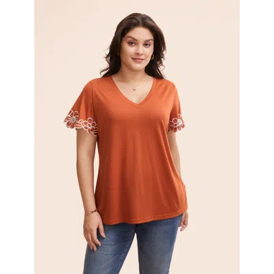 Bloomchic V Neck Floral Embroidered T-shirt In Brown