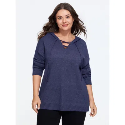 Bloomchic V Neck Lace Up Hooded Pullover In Blue