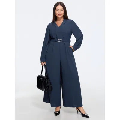 Bloomchic V Neck Long Sleeve Belted Wide Leg Jumpsuit In Blue