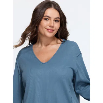 Bloomchic V Neck Loose Waffle Knit Sweatshirt In Blue