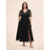 Bloomchic V Neck Mesh Patchwork Split Hem Dress In Black