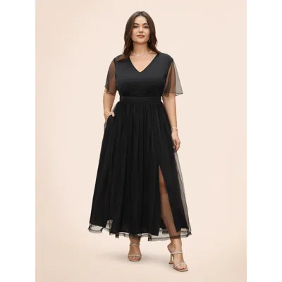Bloomchic V Neck Mesh Patchwork Split Hem Dress In Black