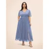 Bloomchic V Neck Mesh Patchwork Split Hem Dress In Gray