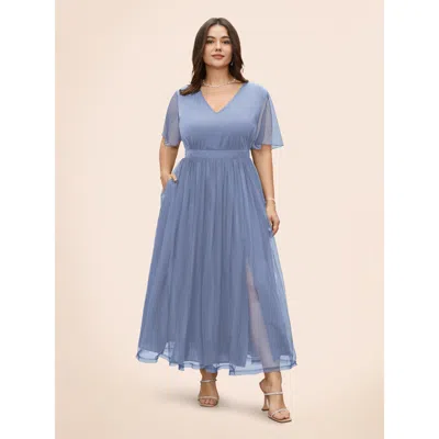 Bloomchic V Neck Mesh Patchwork Split Hem Dress In Gray
