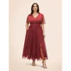 Bloomchic V Neck Mesh Patchwork Split Hem Dress In Red