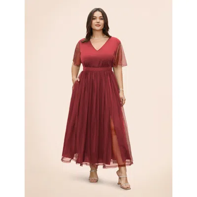 Bloomchic V Neck Mesh Patchwork Split Hem Dress In Red