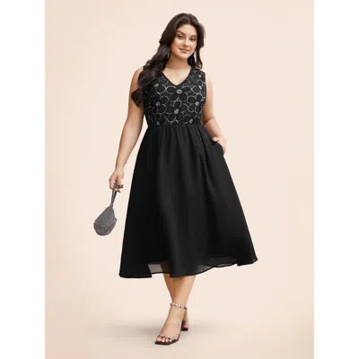 Bloomchic V Neck Sequin Floral Patchwork Dress In Black