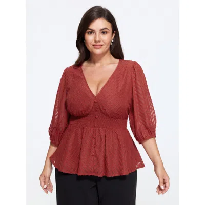 Bloomchic V Neck Textured Shirred Waist Button Front Blouse In Multi