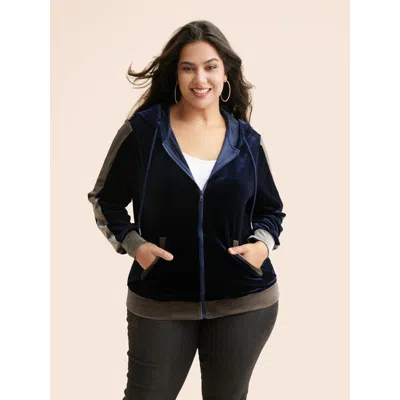 Bloomchic Velvet Contrast Patchwork Hooded Sweatshirt In Blue