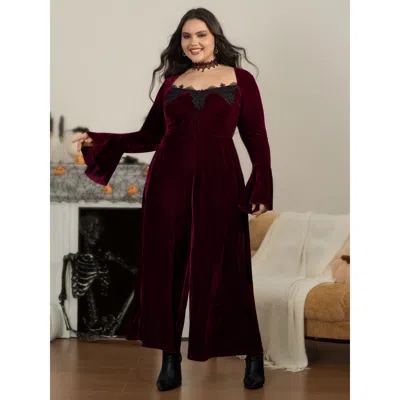 Bloomchic Velvet Lace Square Neck Bell Sleeve Wide Leg Jumpsuit In Burgundy